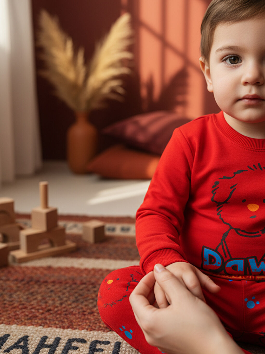 %100 Pamuklu Kırmızı Köpekli Çocuk Pijama Takımı 1-6 Yaş-2