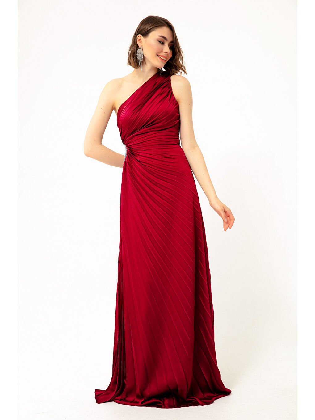 Kadın Kırmızı Tek Omuzlu Dekolteli Uzun Abiye Elbise-1