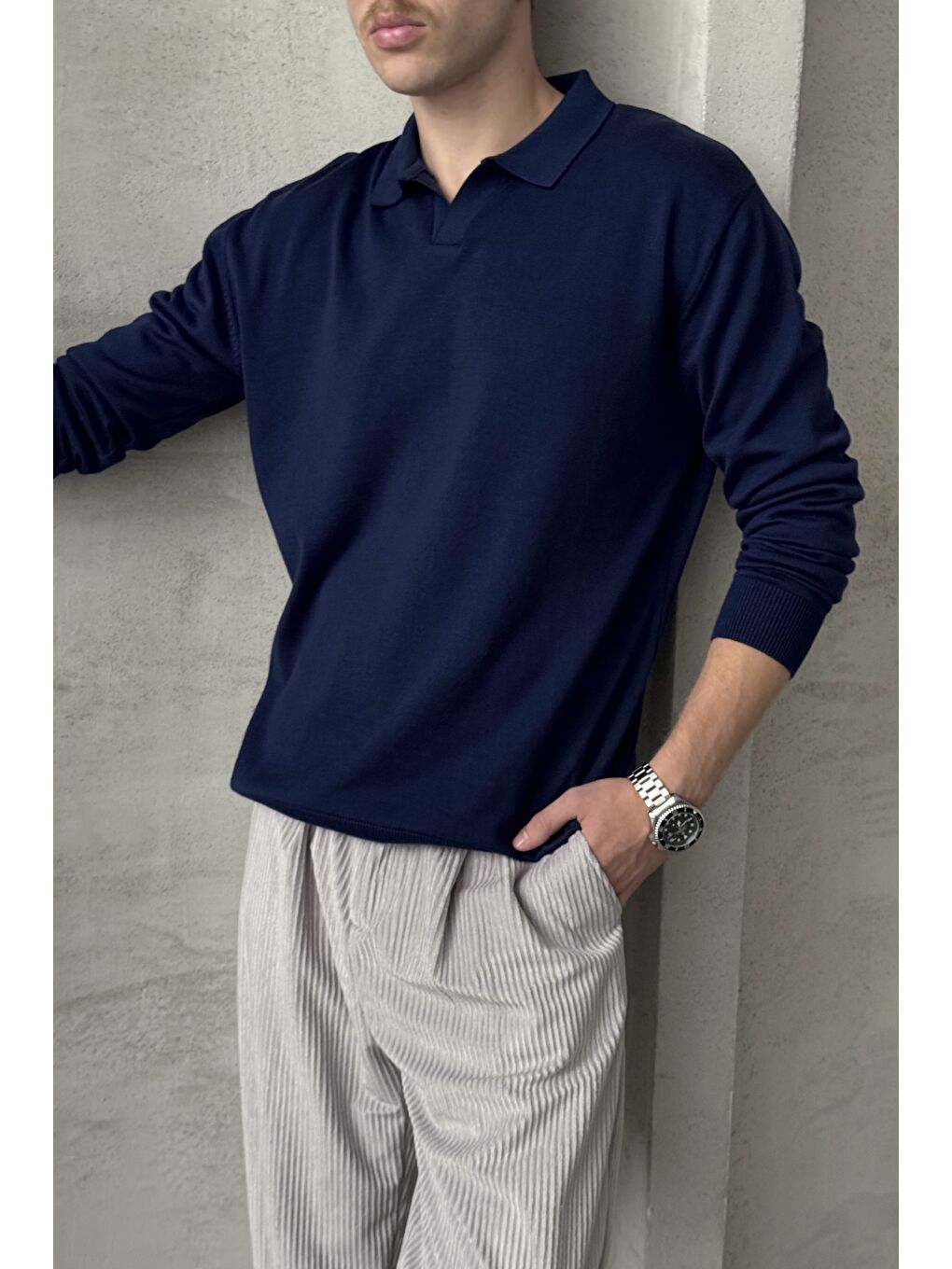 Lacivert Erkek Pamuklu Polo Yaka Oversize Triko Kazak-2