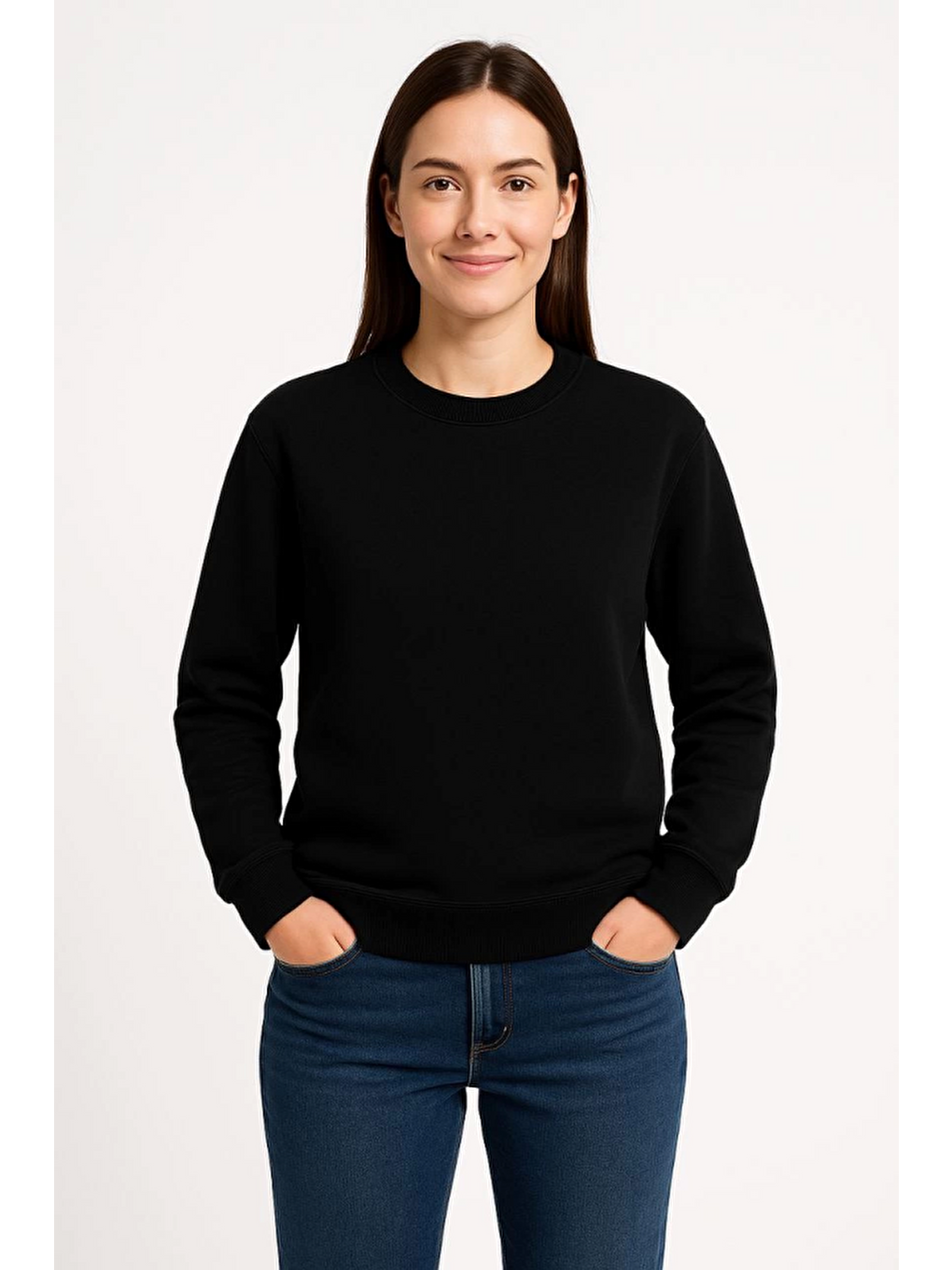 Üç İplik Düz Bisiklet Yaka Sweatshirt - Siyah-1