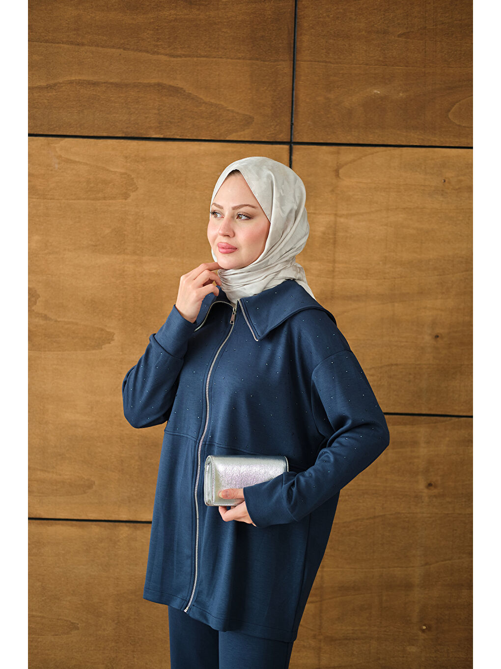 Kadın Gemici Yaka Taşlı Takım Lacivert-1