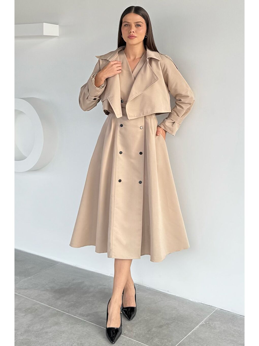 Bej Kadın Trenç Kumaş Ceket Elbise İkili Takım-1