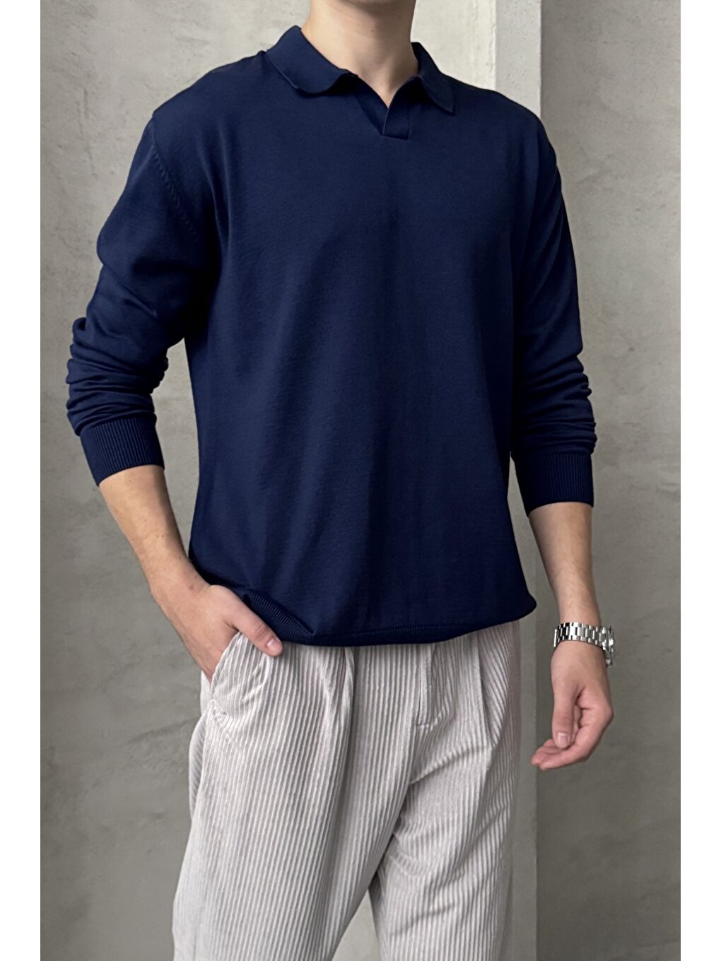 Lacivert Erkek Pamuklu Polo Yaka Oversize Triko Kazak-3