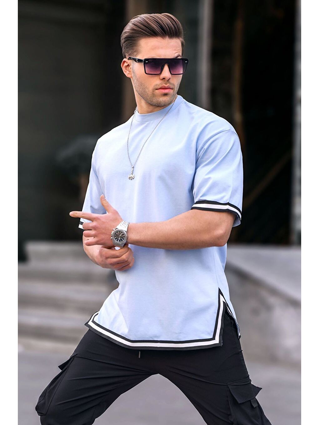 Bebe Mavisi Bisiklet Yaka Şeritli %100 Pamuk Tişört 6097