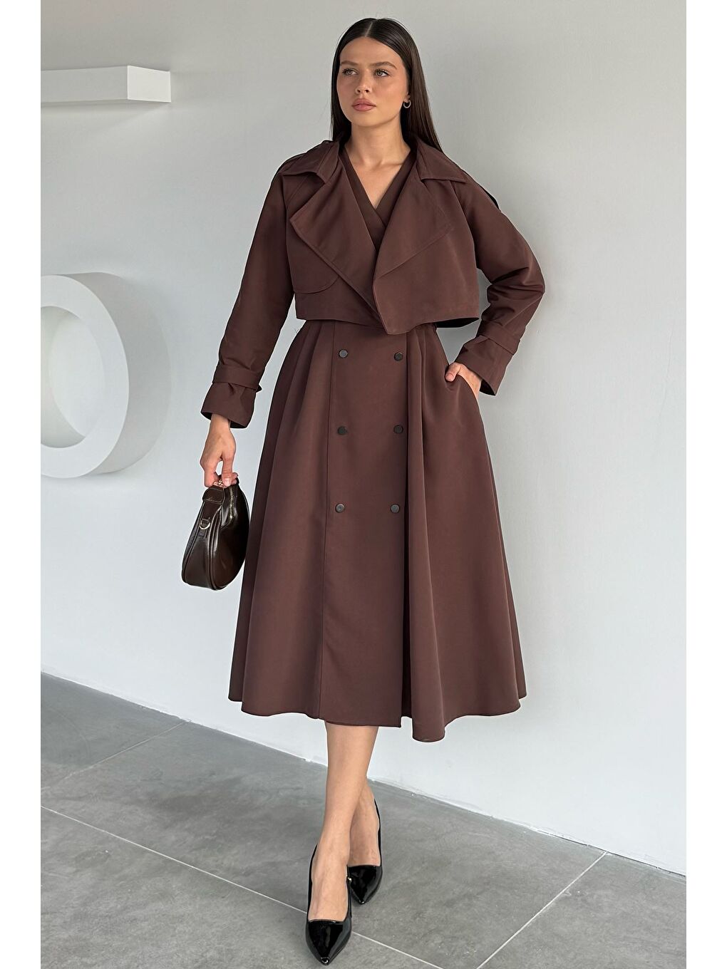 Kahverengi Kadın Trenç Kumaş Ceket Elbise İkili Takım