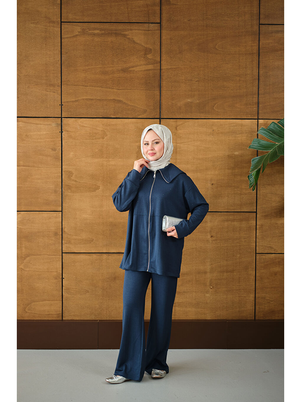 Kadın Gemici Yaka Taşlı Takım Lacivert-2