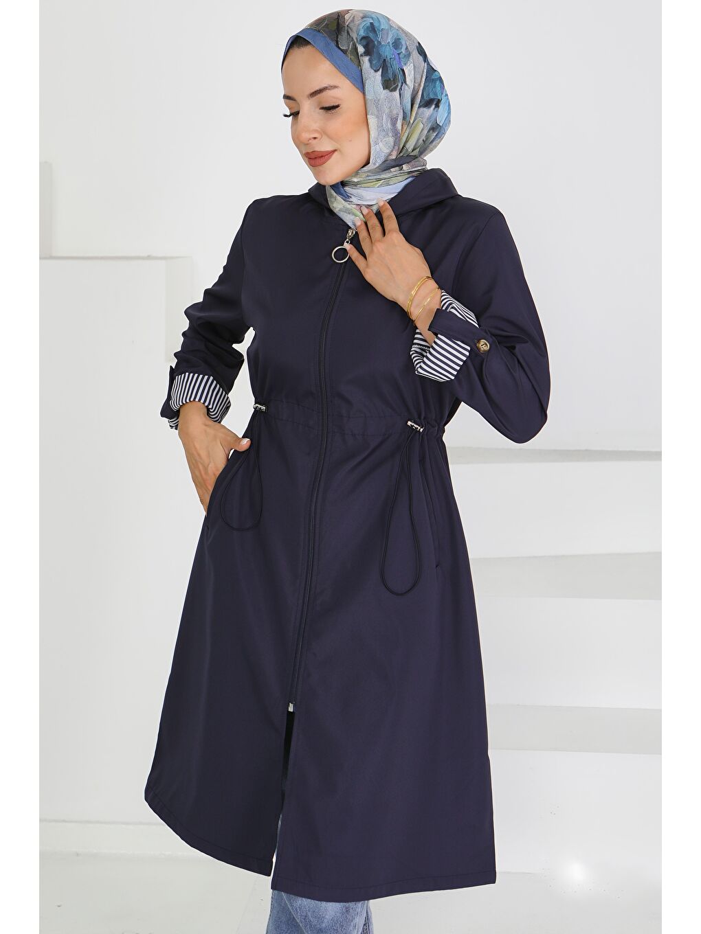 Belde Lastik Detaylı Fermuarlı Miranda Trençkot Lacivert - 27624-1