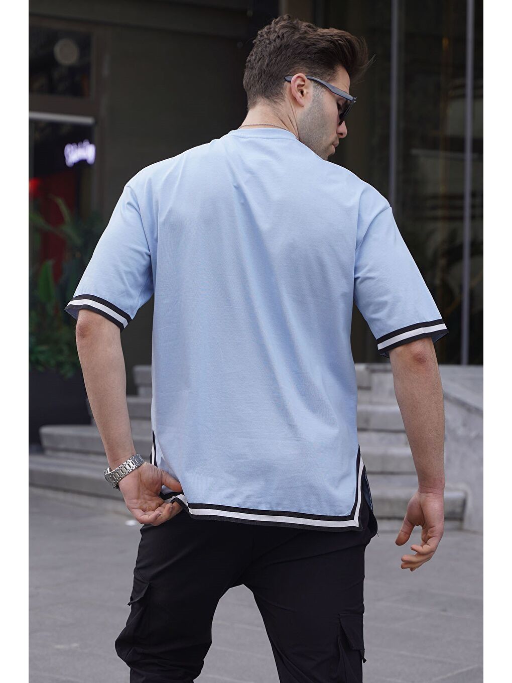 Bebe Mavisi Bisiklet Yaka Şeritli %100 Pamuk Tişört 6097-1