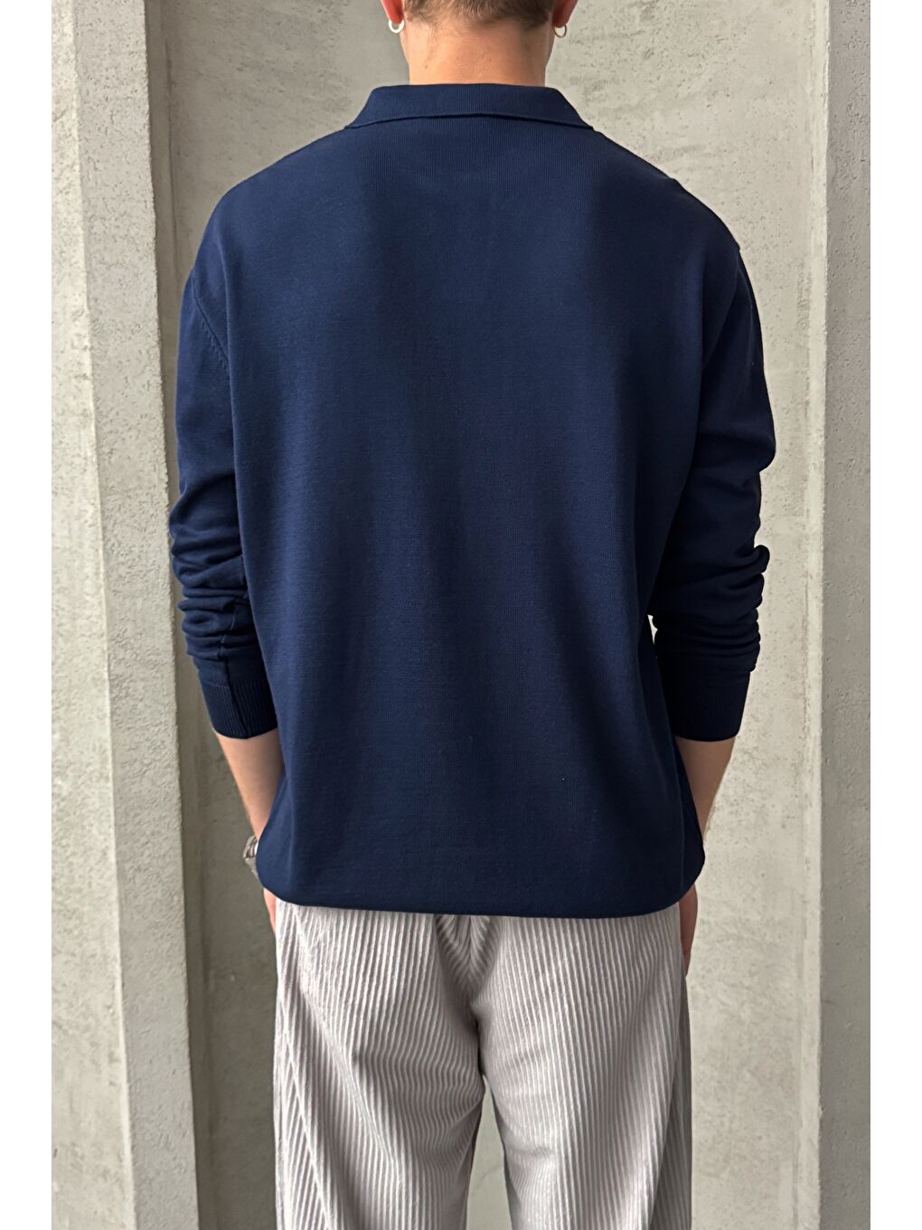 Lacivert Erkek Pamuklu Polo Yaka Oversize Triko Kazak-4