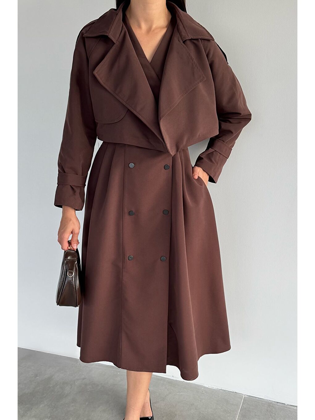 Kahverengi Kadın Trenç Kumaş Ceket Elbise İkili Takım-1