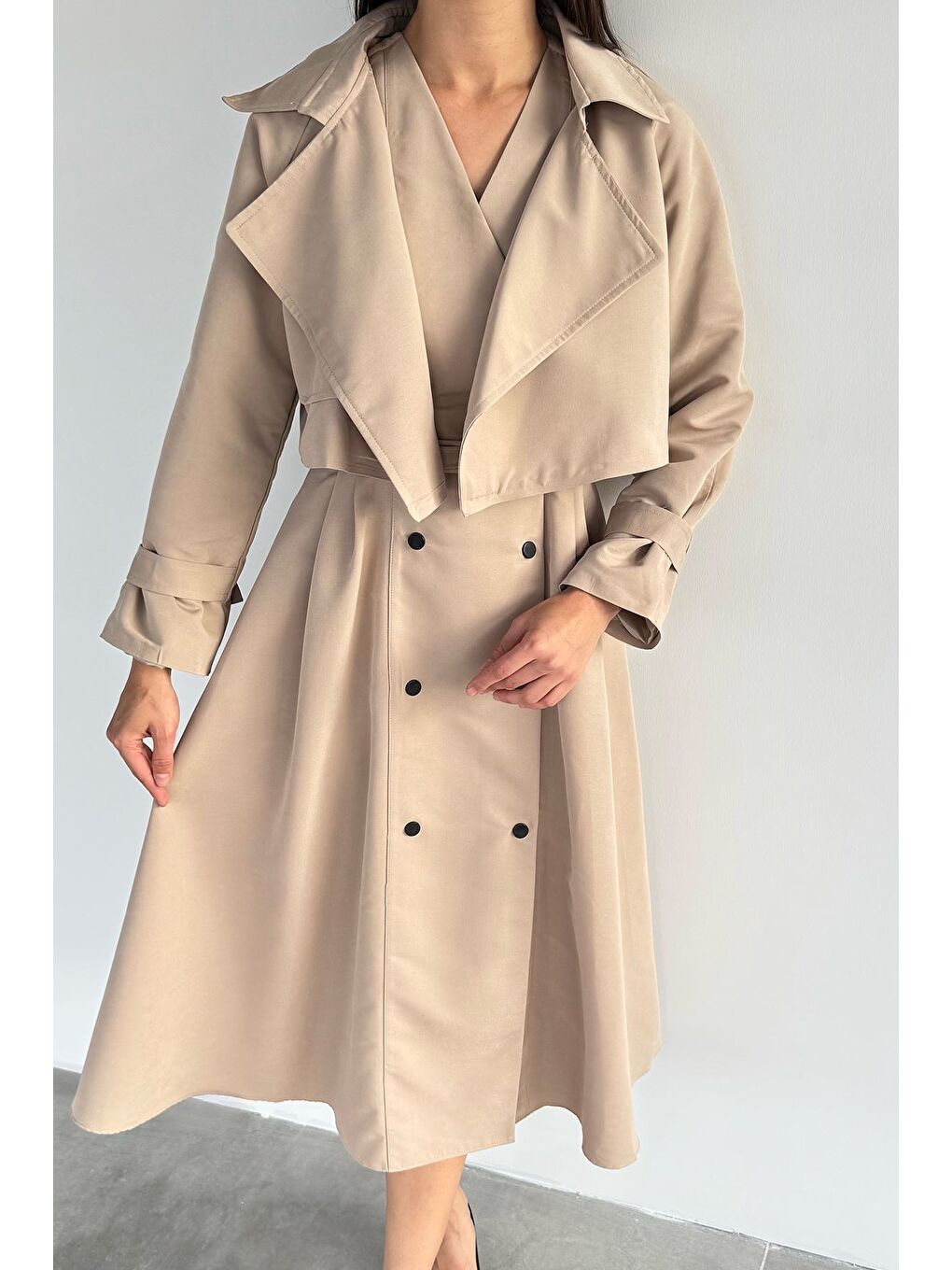 Bej Kadın Trenç Kumaş Ceket Elbise İkili Takım-2