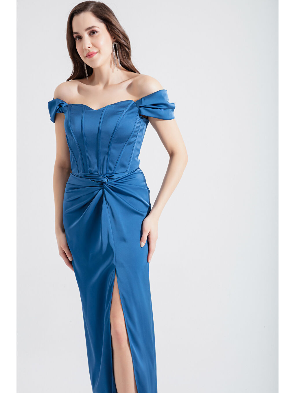 Kadın İndigo Balen Korseli Uzun Saten Abiye Elbise-2