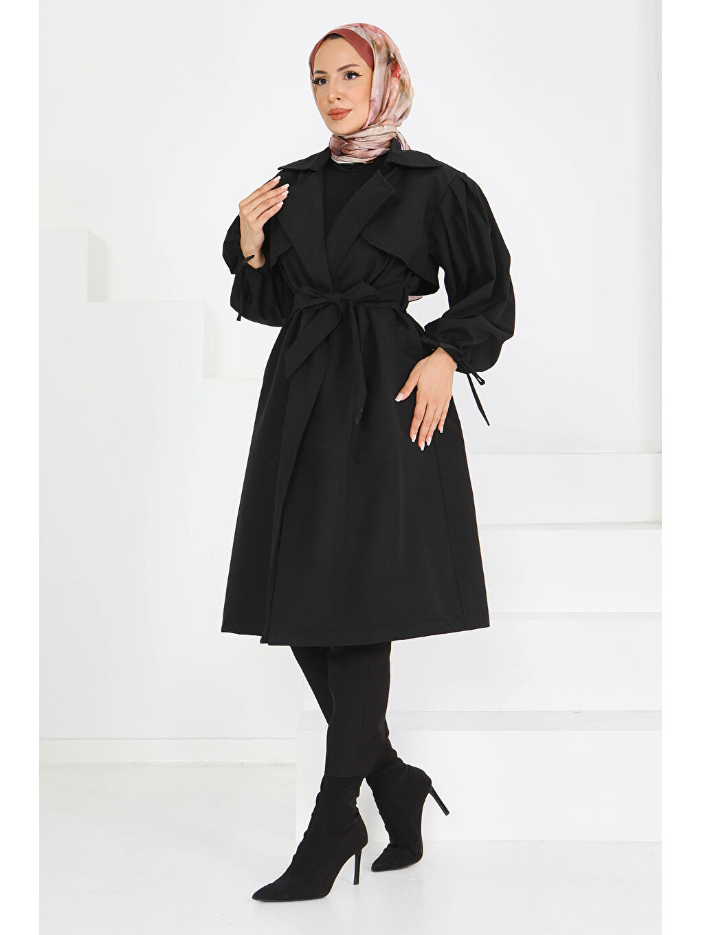 Kuşaklı Kol Ucu Bağcık Detaylı Miranda Trenç Siyah - 27604