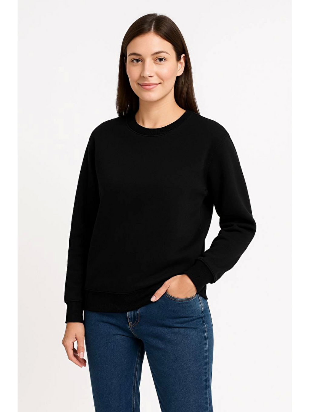 Üç İplik Düz Bisiklet Yaka Sweatshirt - Siyah-2