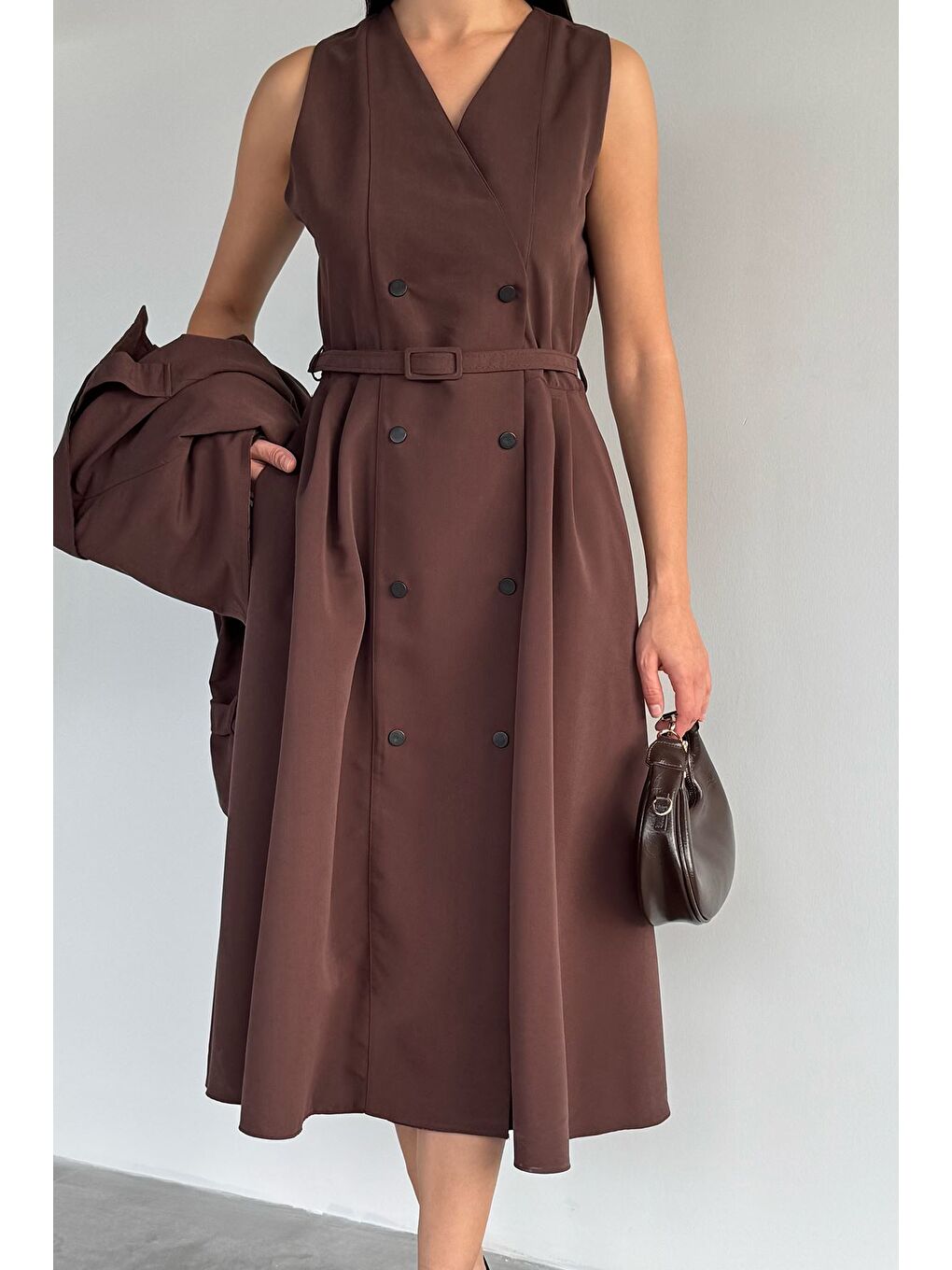 Kahverengi Kadın Trenç Kumaş Ceket Elbise İkili Takım-2