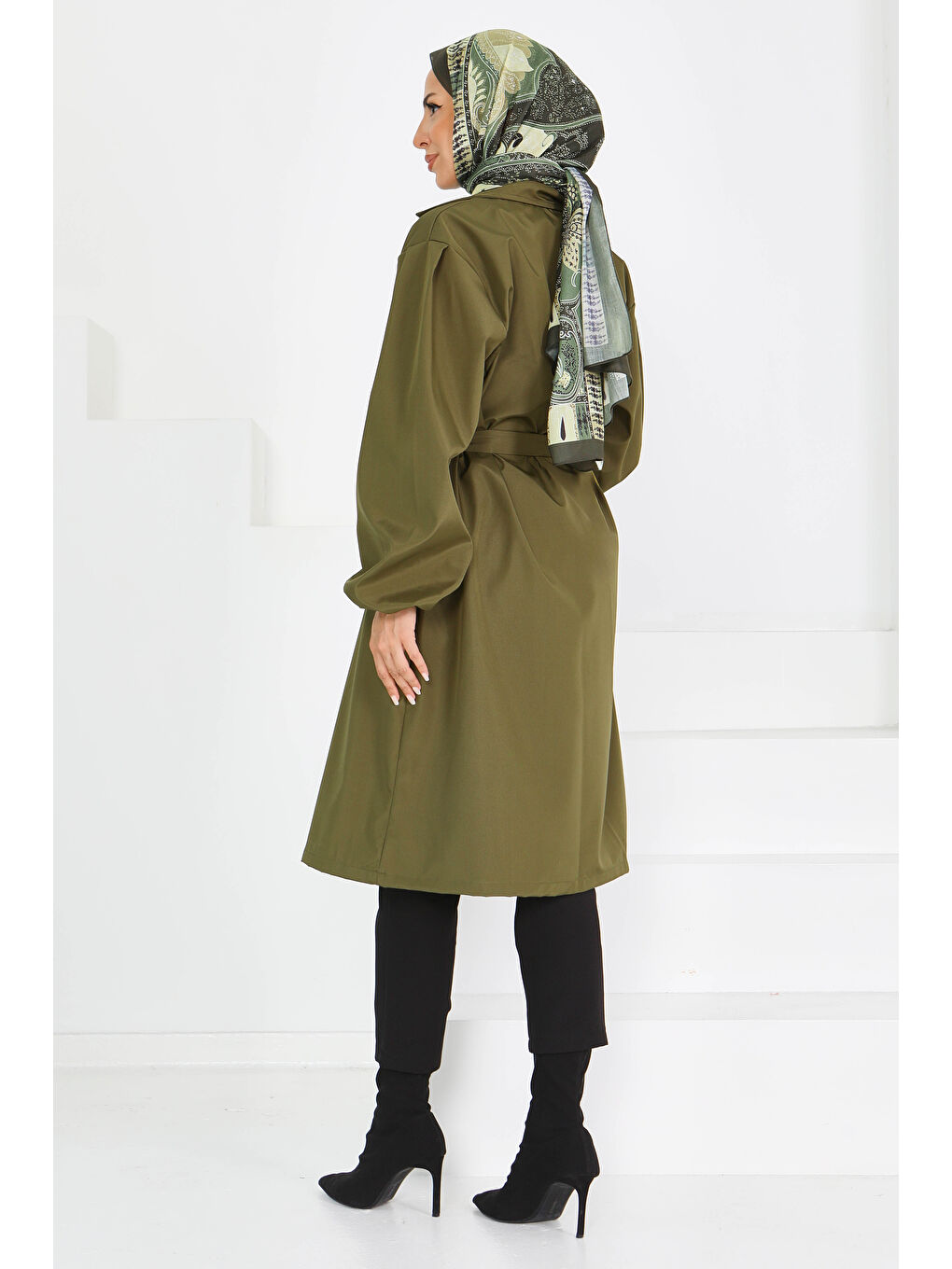 Kuşaklı Kolu Lastikli Miranda Trençkot Haki - 27603-5