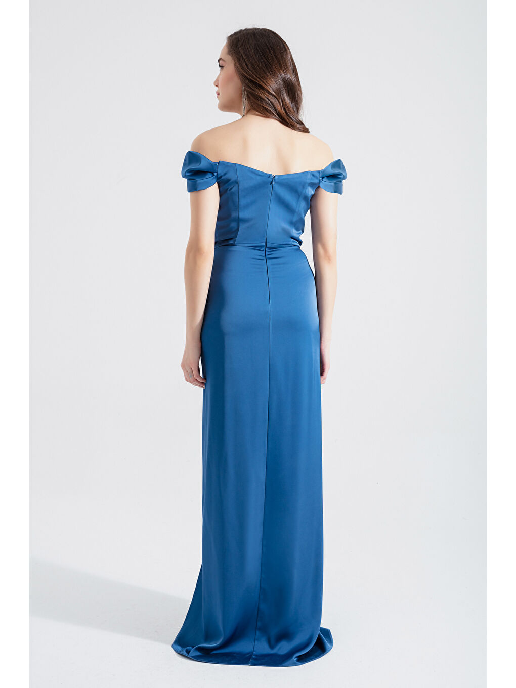 Kadın İndigo Balen Korseli Uzun Saten Abiye Elbise-4