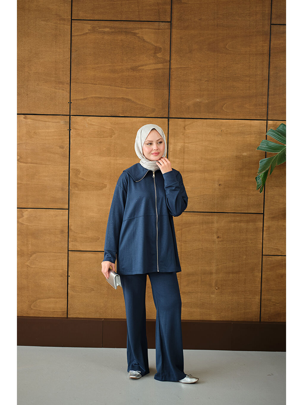 Kadın Gemici Yaka Taşlı Takım Lacivert-3