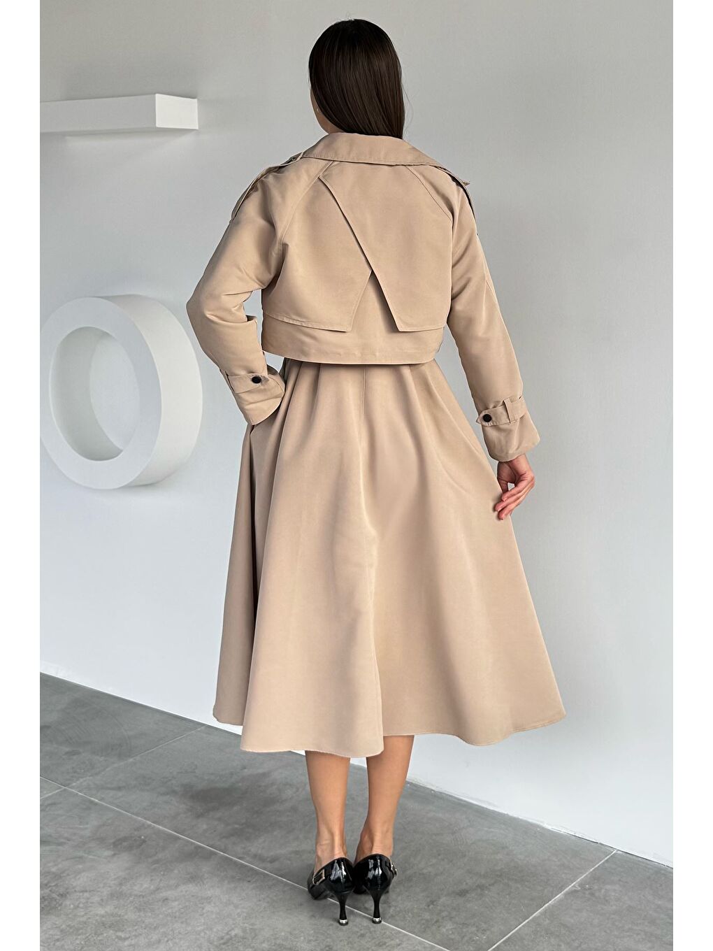 Bej Kadın Trenç Kumaş Ceket Elbise İkili Takım-3