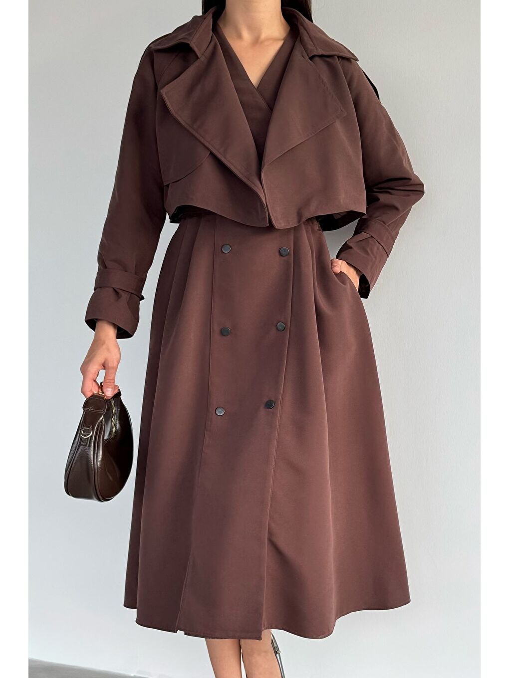 Kahverengi Kadın Trenç Kumaş Ceket Elbise İkili Takım-3