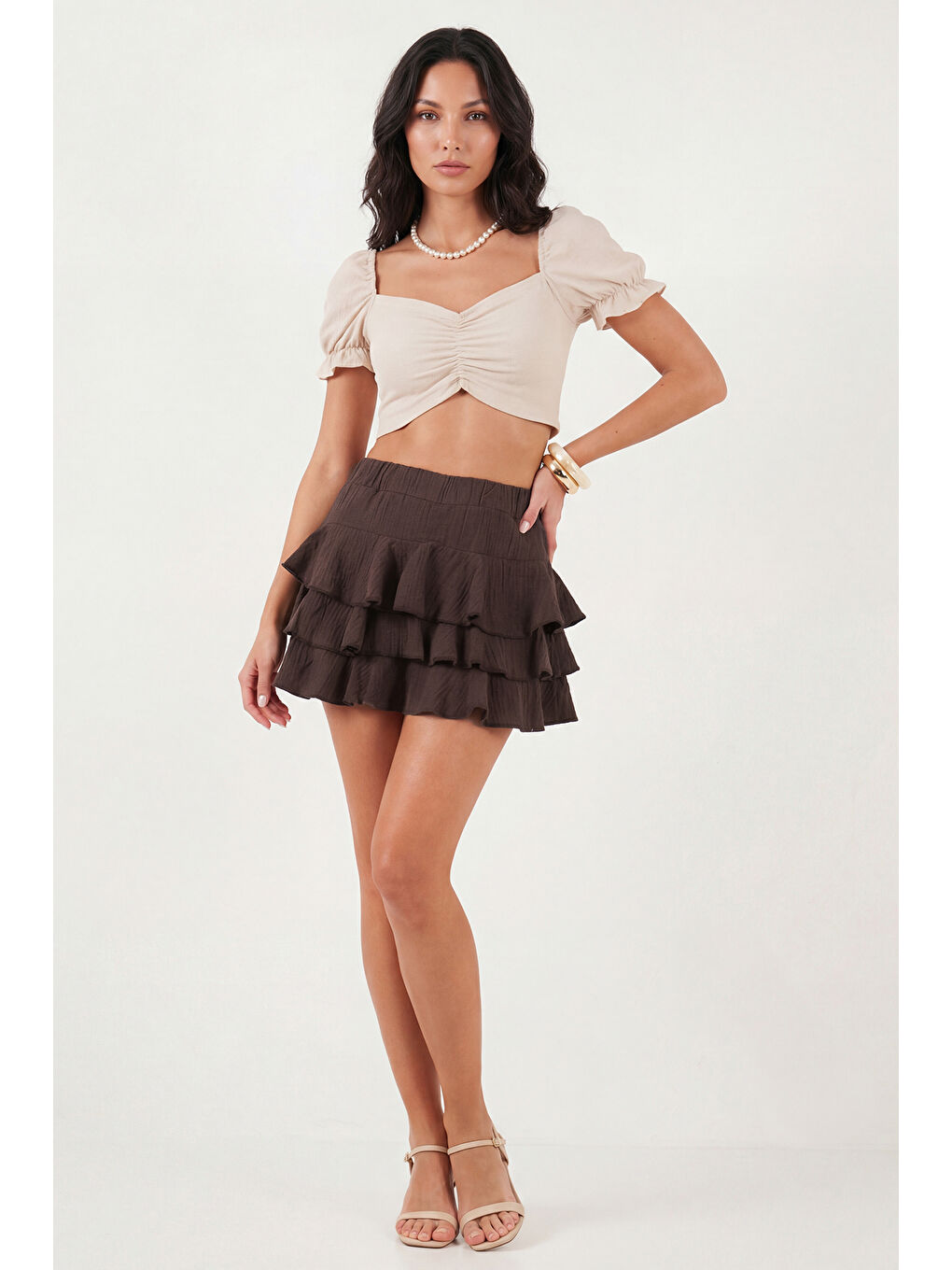 Kahverengi Pamuklu Regular Fit Fırfırlı Mini Müslin Şort Etek 5866662-2