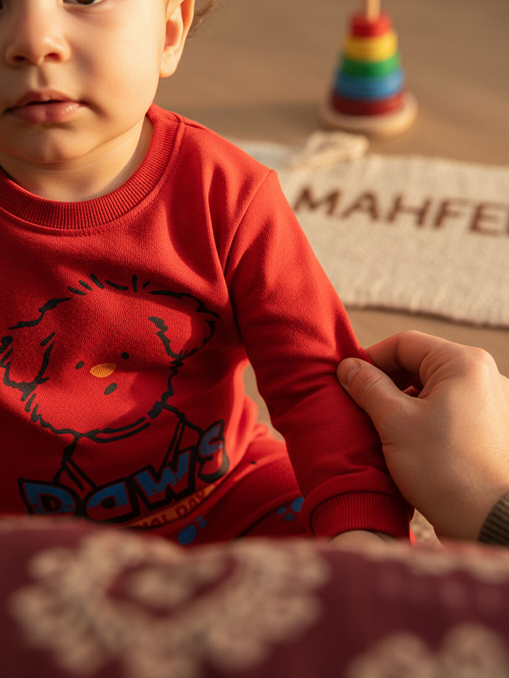 %100 Pamuklu Kırmızı Köpekli Çocuk Pijama Takımı 1-6 Yaş-5