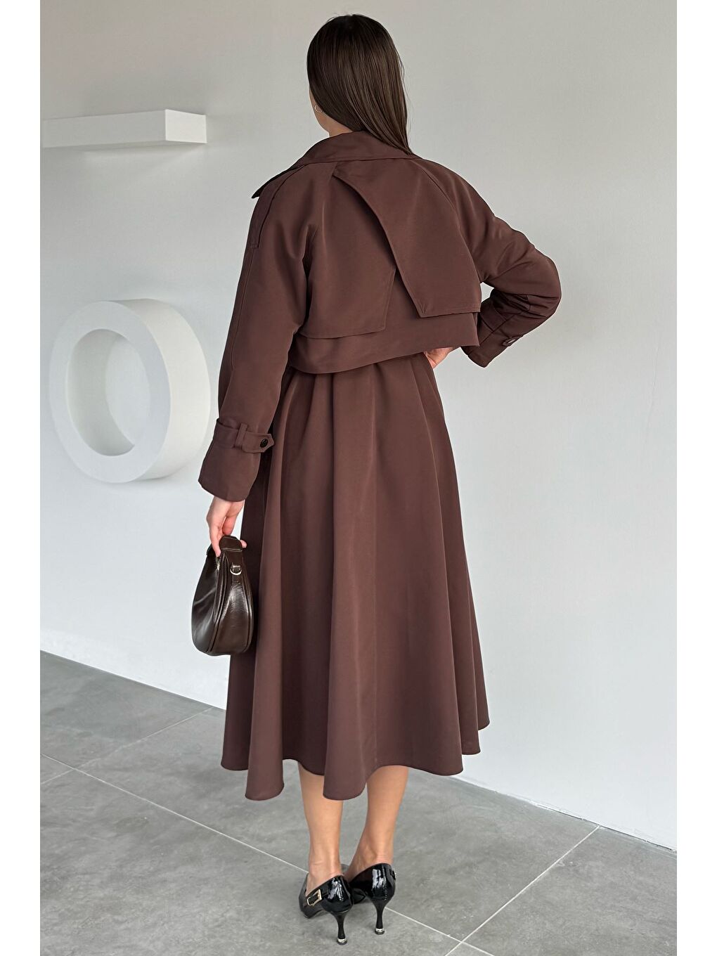 Kahverengi Kadın Trenç Kumaş Ceket Elbise İkili Takım-4