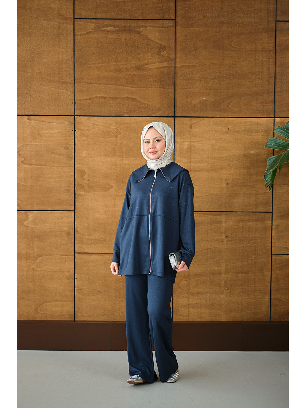 Kadın Gemici Yaka Taşlı Takım Lacivert-4