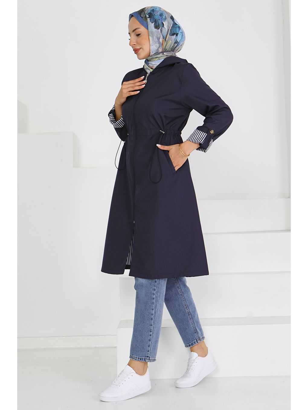 Belde Lastik Detaylı Fermuarlı Miranda Trençkot Lacivert - 27624-2