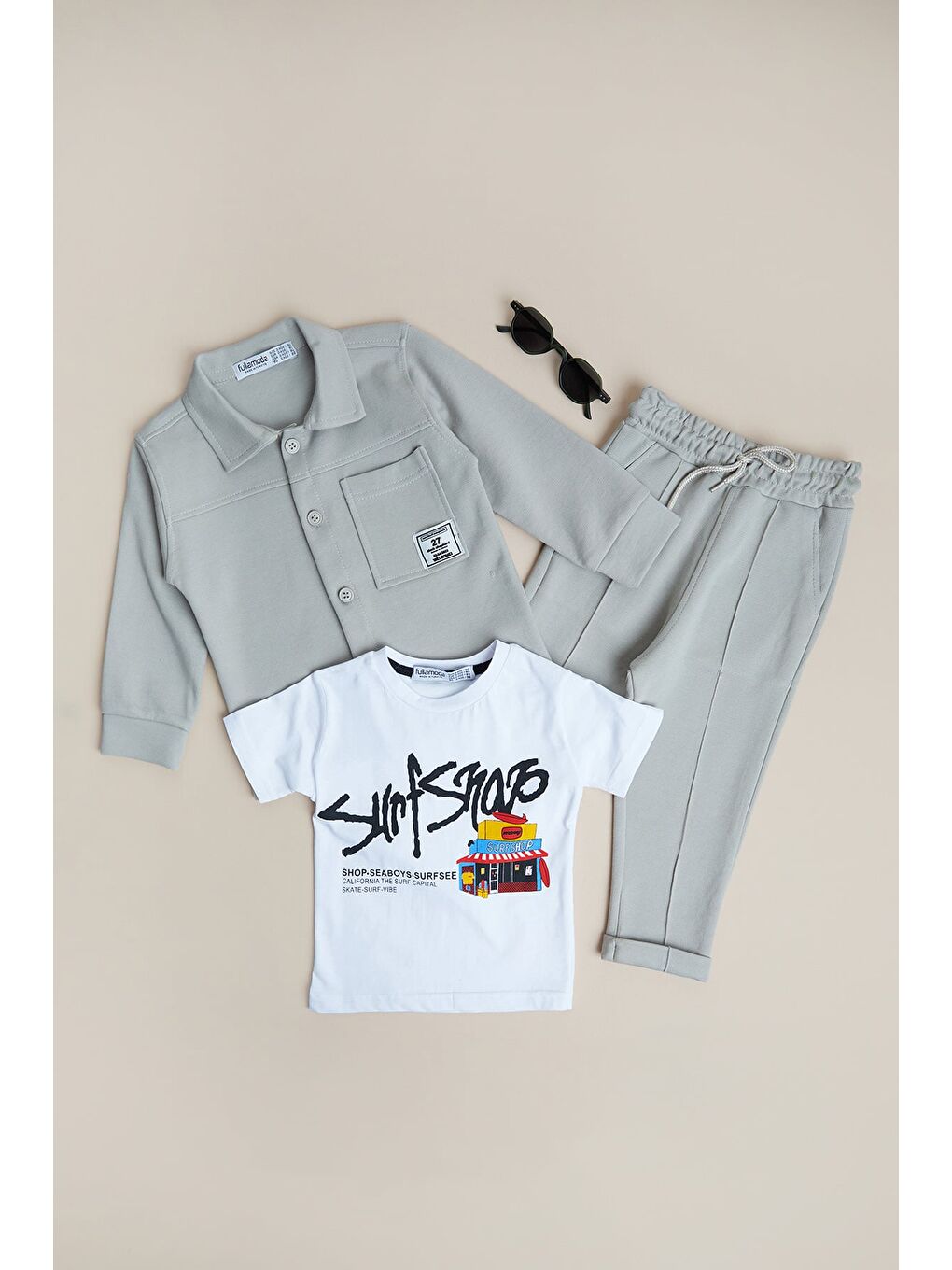 Bej %100 Pamuk Çimalı Yazı Baskılı 3 Lü Erkek Çocuk Takım
