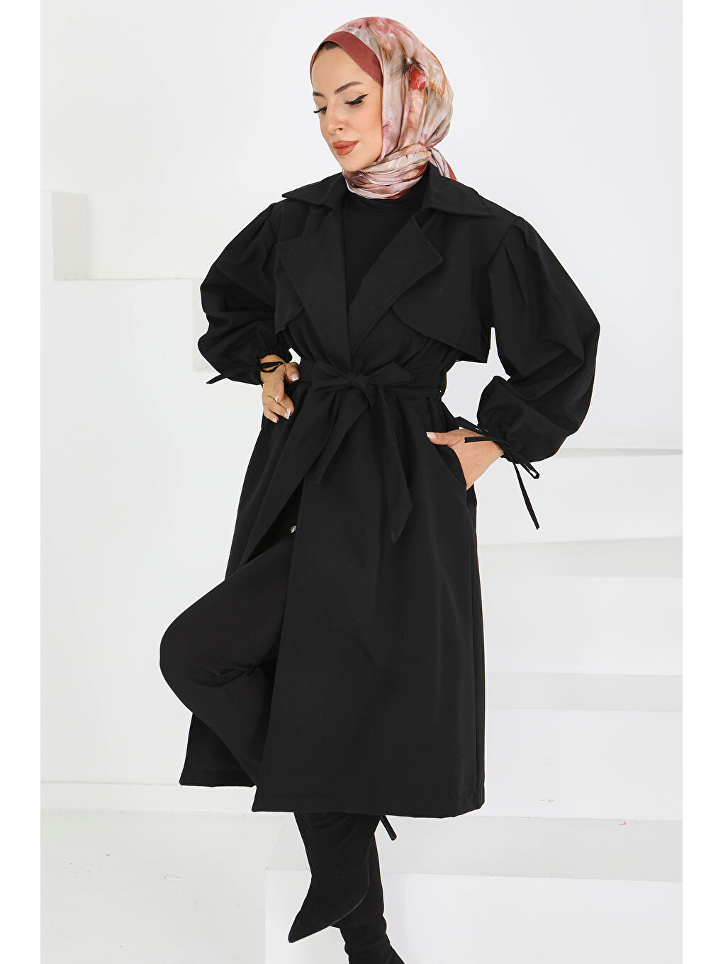 Kuşaklı Kol Ucu Bağcık Detaylı Miranda Trenç Siyah - 27604-2