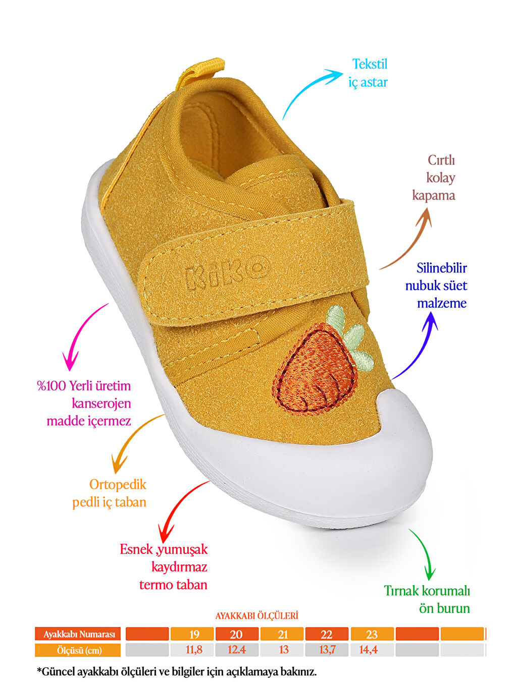 Sarı Strawberry Cırtlı Kız Bebek İlk Adım Ortopedik Günlük Ayakkabı-1