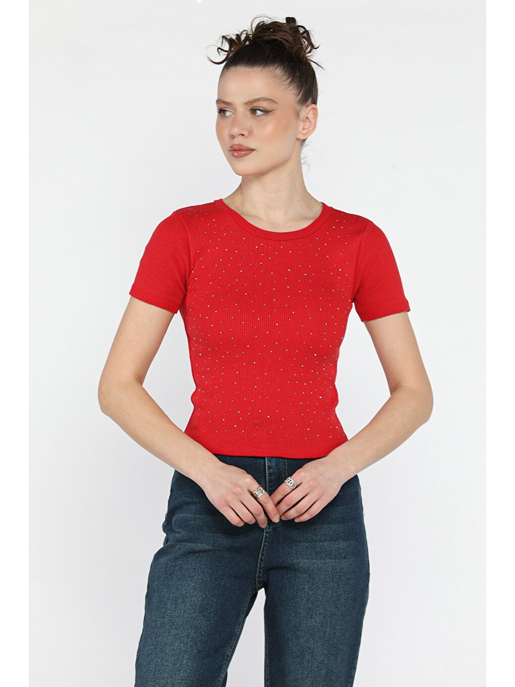 Kırmızı Kadın Bisiklet Yaka Taşlı Kaşkorse Bluz-1