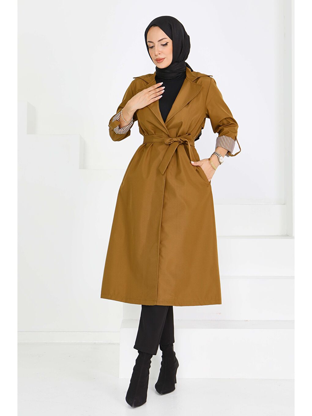 Kahverengi Çizgi Detaylı Miranda Trençkot Taba - 27598