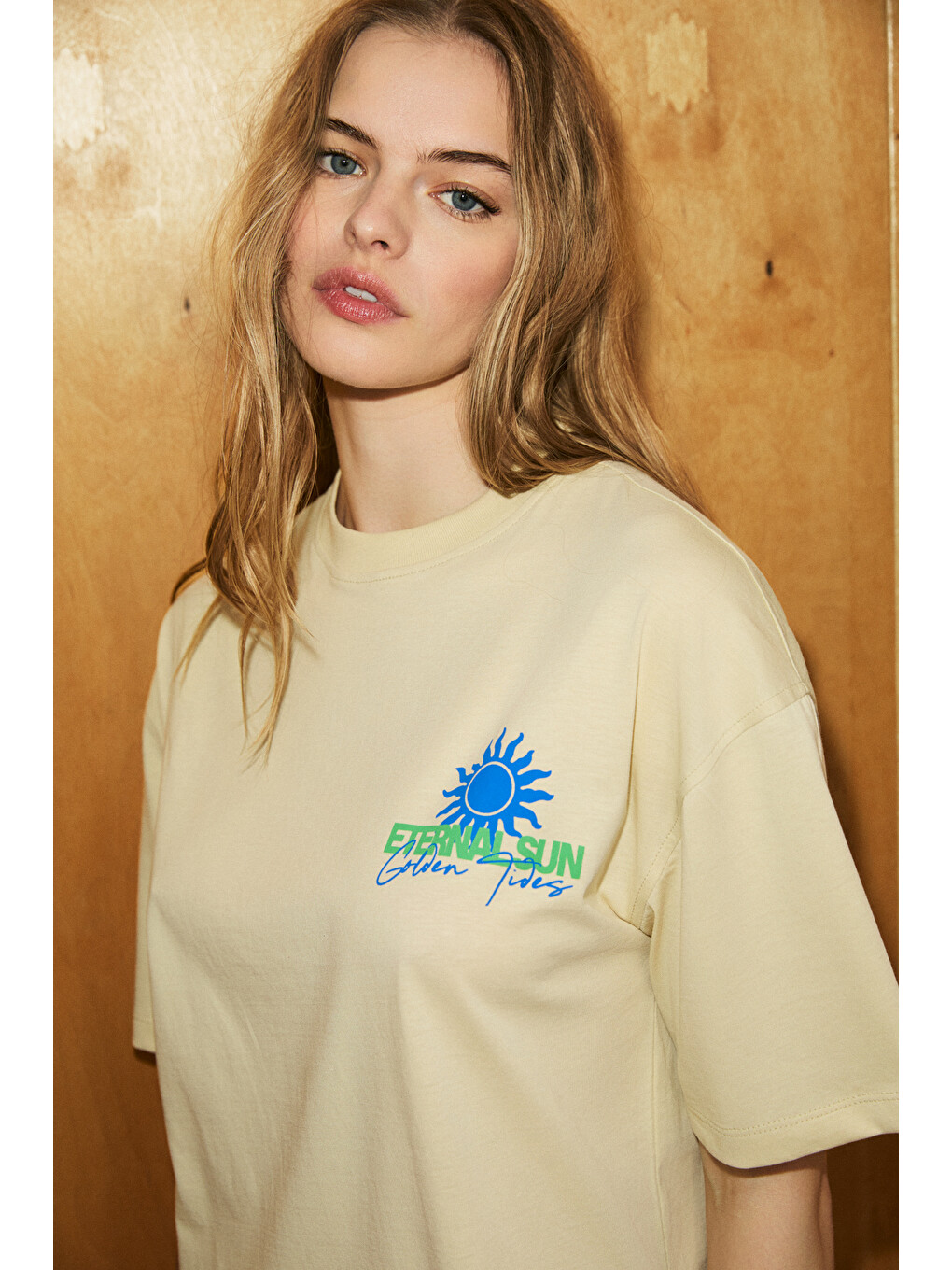Bej RAVELLO Kadın Yumuşak Ve Organik Pamuklu Baskı Detaylı TAŞ T-Shirt-3
