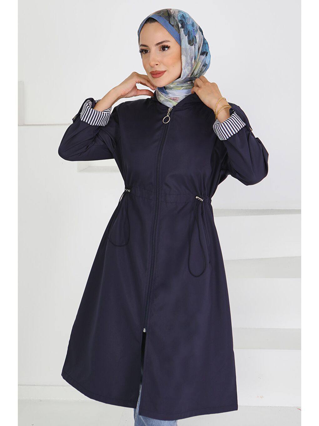 Belde Lastik Detaylı Fermuarlı Miranda Trençkot Lacivert - 27624-3
