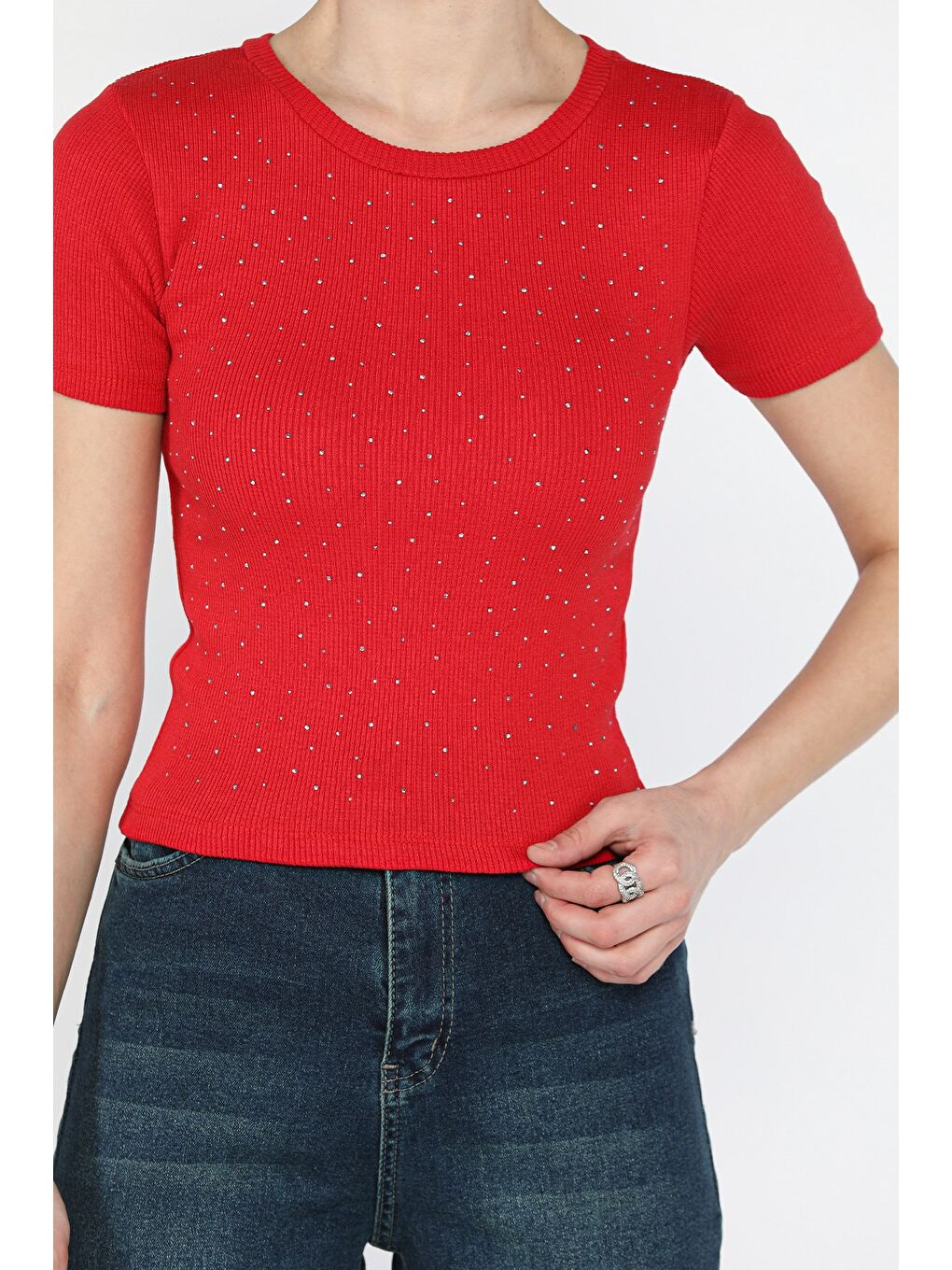 Kırmızı Kadın Bisiklet Yaka Taşlı Kaşkorse Bluz-2