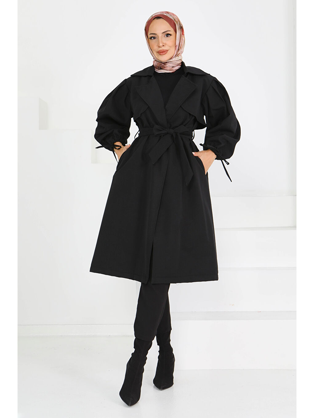 Kuşaklı Kol Ucu Bağcık Detaylı Miranda Trenç Siyah - 27604-3