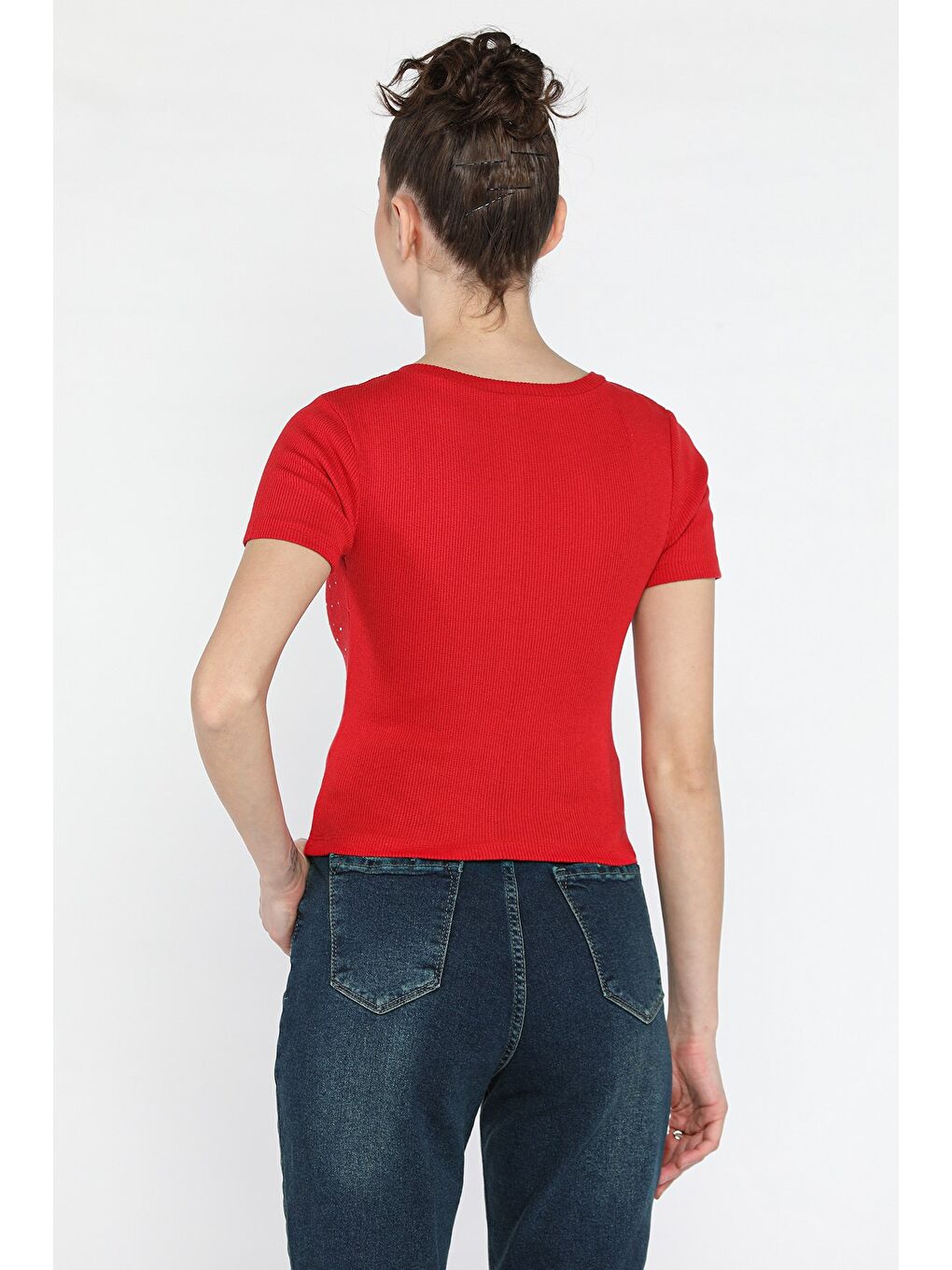 Kırmızı Kadın Bisiklet Yaka Taşlı Kaşkorse Bluz-3