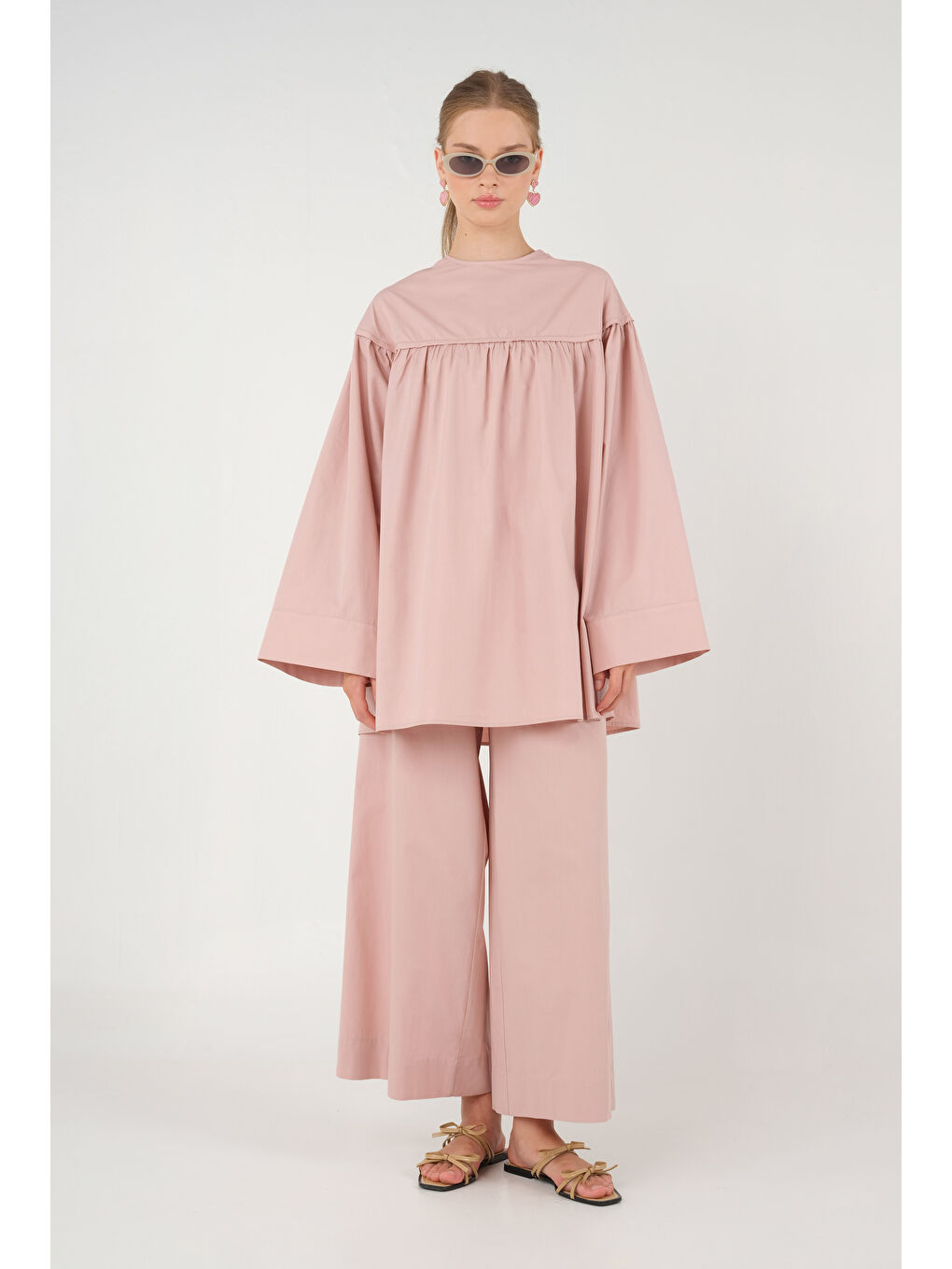 Büzgülü Poplin Tunik Soft Pembe-1