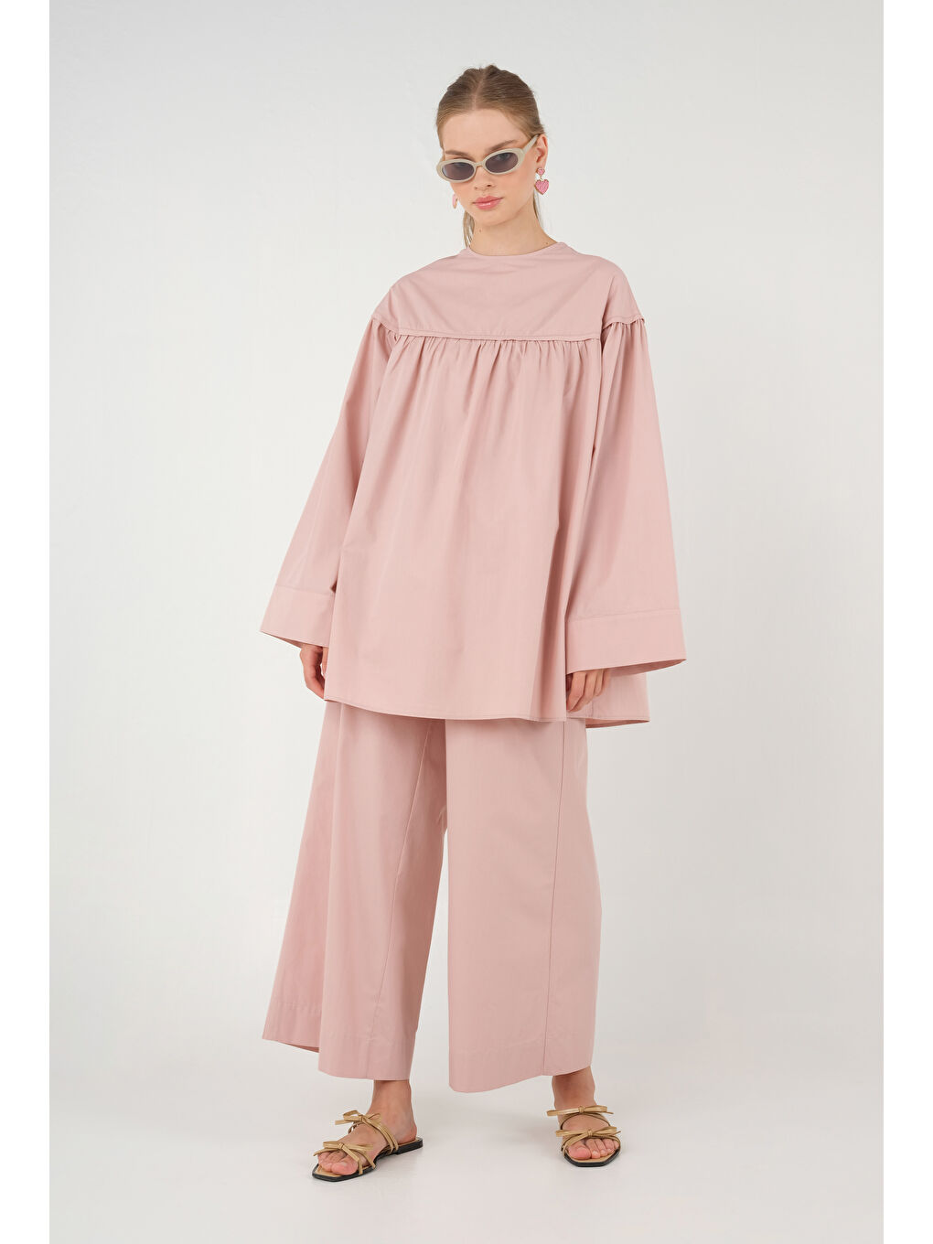 Büzgülü Poplin Tunik Soft Pembe-2