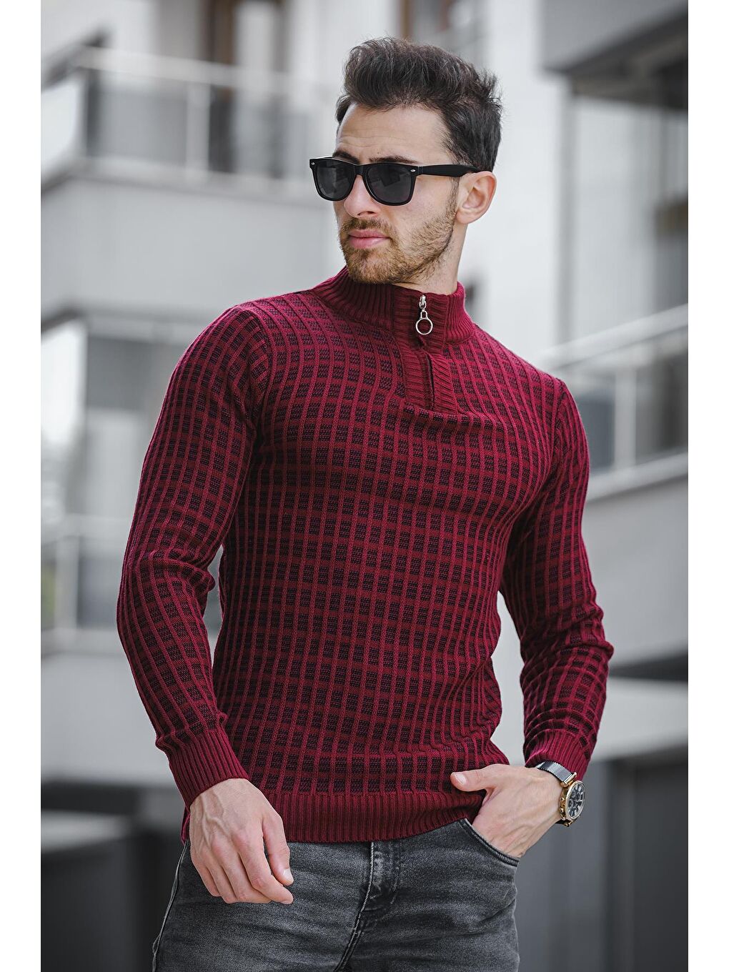 Bordo Seka 125 Dar Kesim Body Yarım Fermuar Erkek Kazak-1