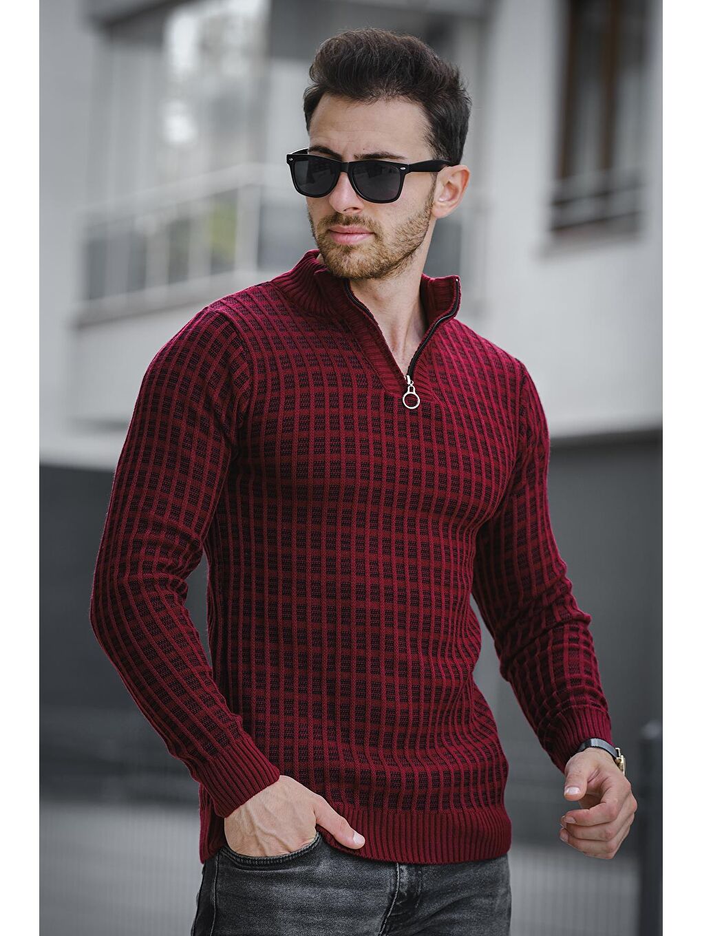 Bordo Seka 125 Dar Kesim Body Yarım Fermuar Erkek Kazak-2