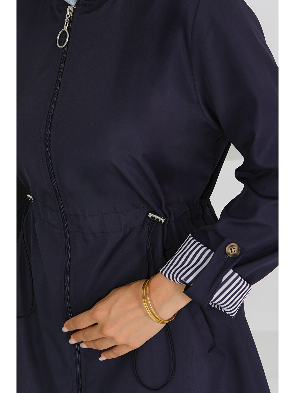 Belde Lastik Detaylı Fermuarlı Miranda Trençkot Lacivert - 27624-4