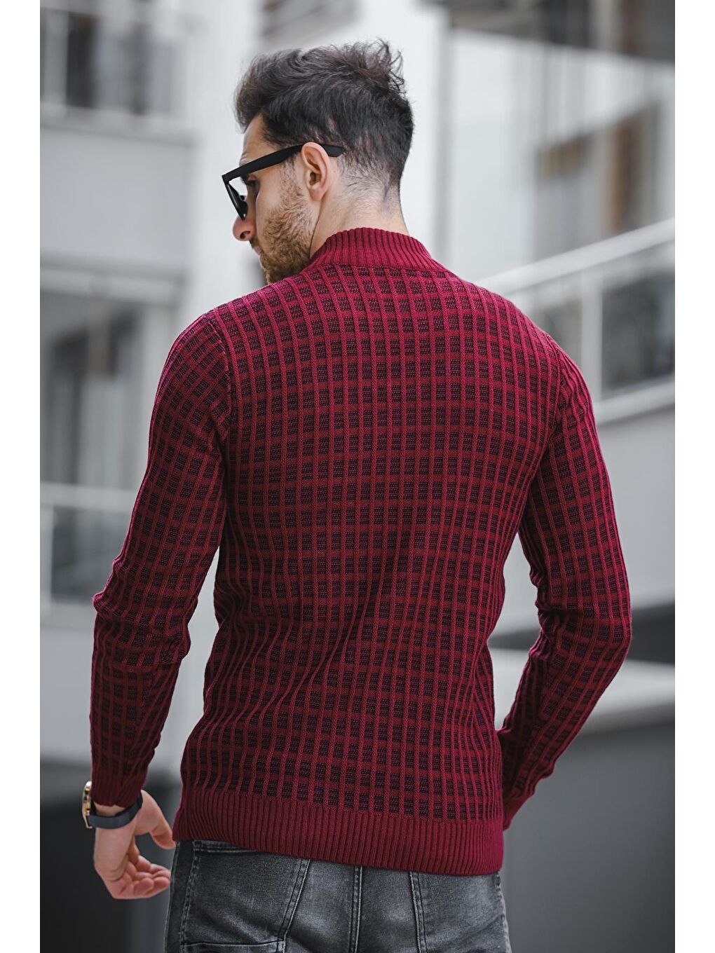 Bordo Seka 125 Dar Kesim Body Yarım Fermuar Erkek Kazak-3