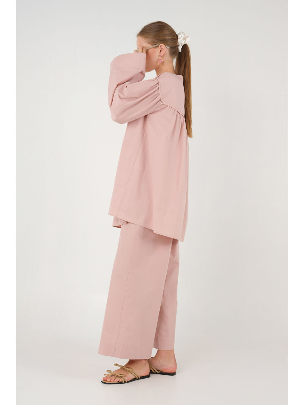 Büzgülü Poplin Tunik Soft Pembe-3