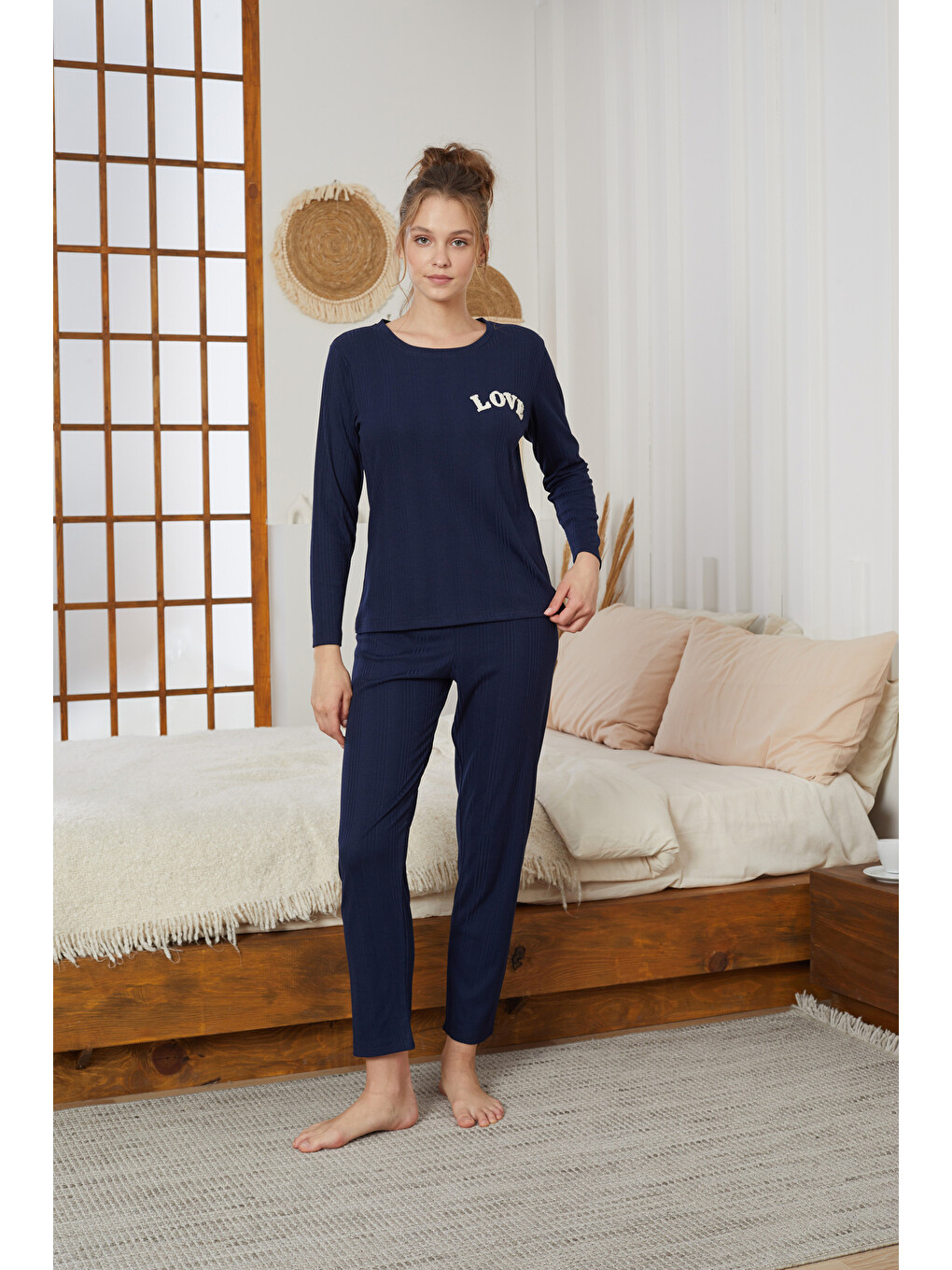Lacivert Love Nakışlı Fitilli Örme Pijama Takım25226001-1