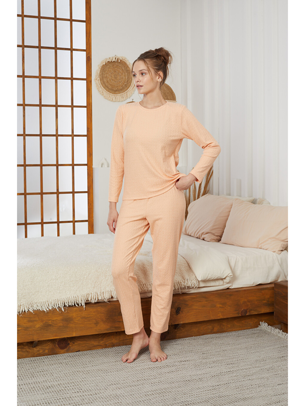 Turuncu Yavruağzı Şardonlu Kışlık Örme Pijama Takım25226002