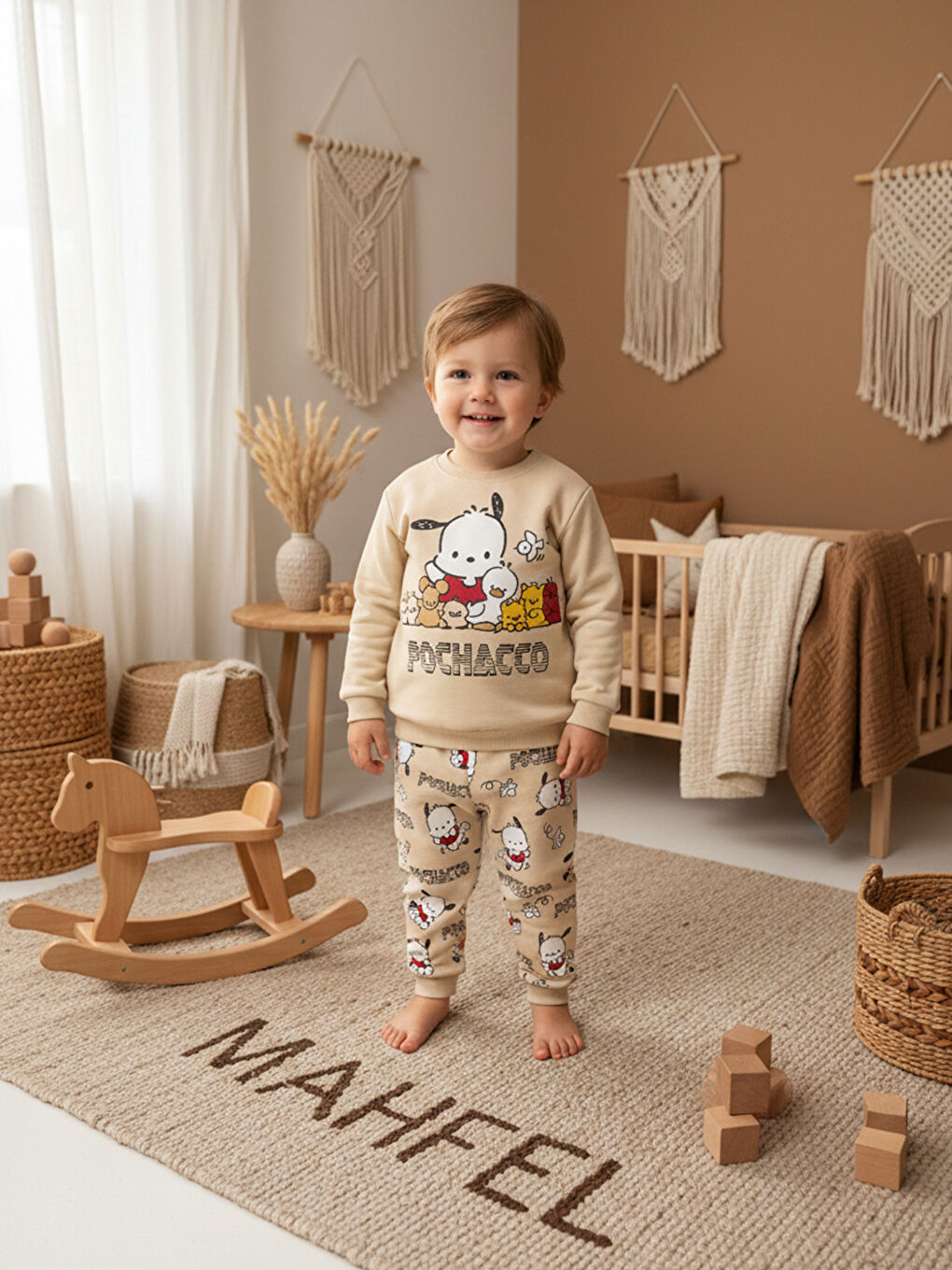 %100 Pamuklu Bej Yavru Köpekli Çocuk Pijama Takımı 1-6 Yaş-3