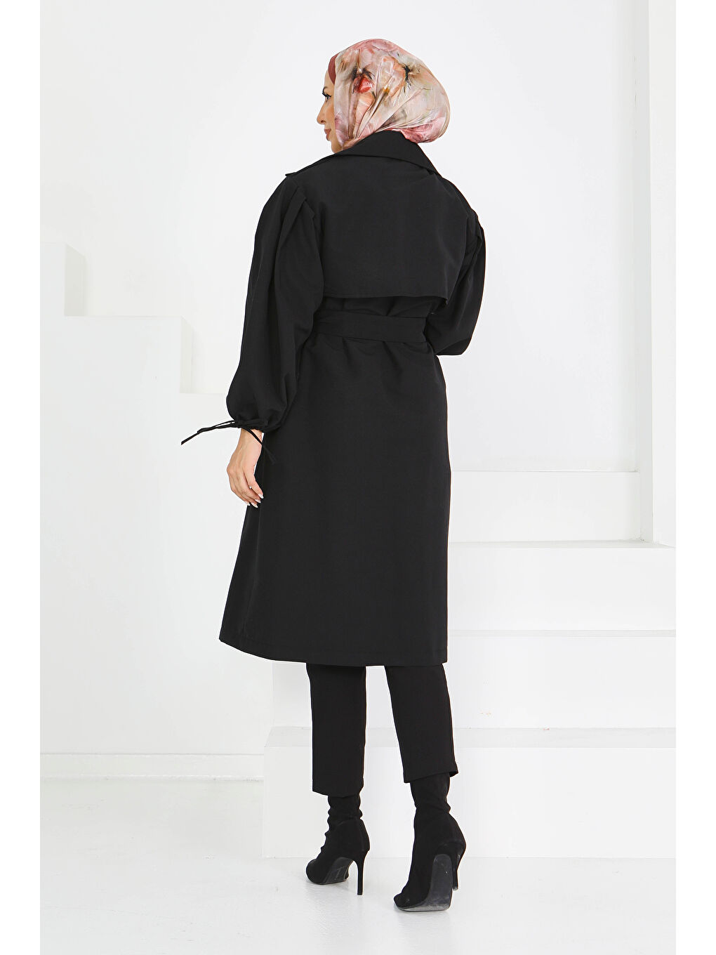 Kuşaklı Kol Ucu Bağcık Detaylı Miranda Trenç Siyah - 27604-5